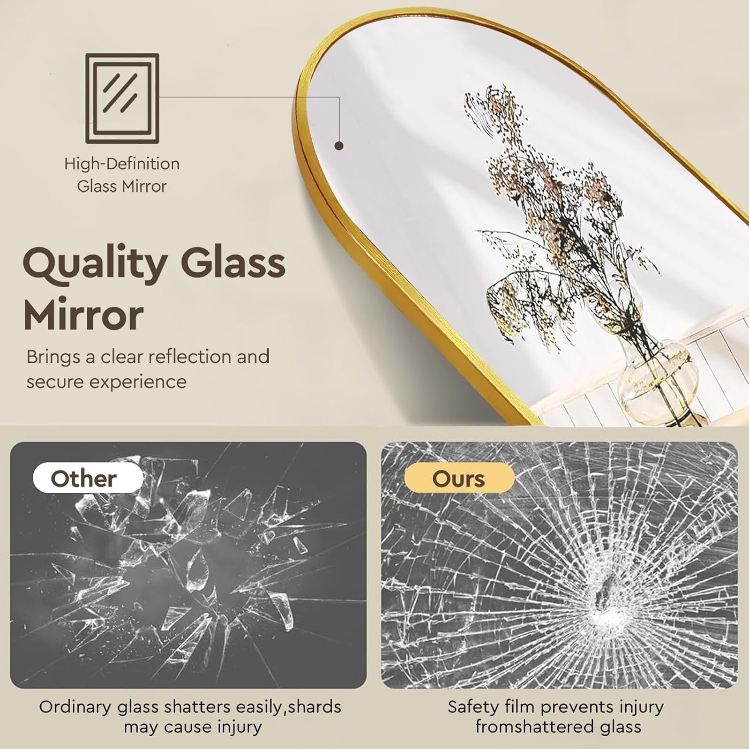 Gold Full-Length Floor Mirror 147x45cm with Dual Mounting & Stand