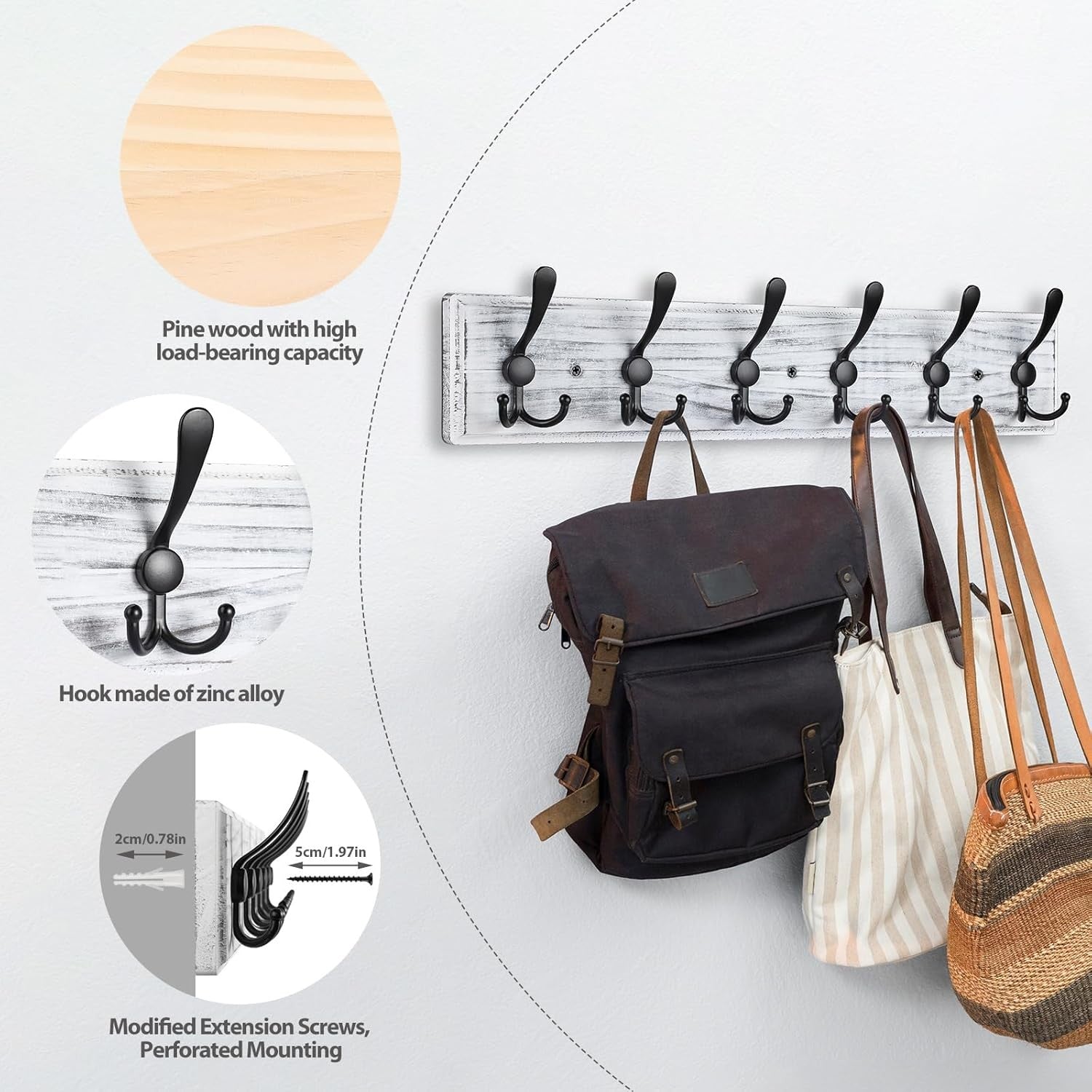 Grey Wooden Wall Mounted Coat Rack | 6 Hook Heavy Duty Hallway Hanger Shelf