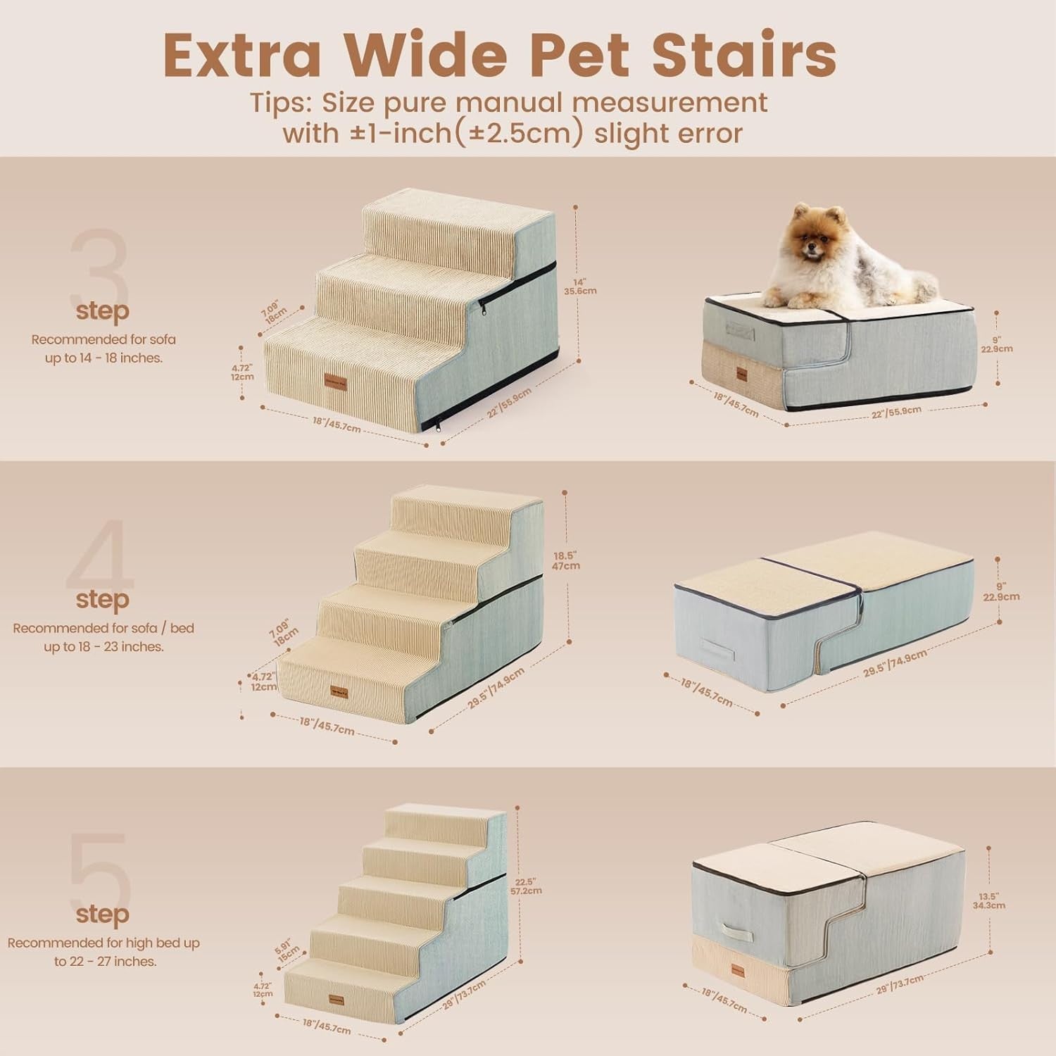 5-Step Extra Wide Dog Stairs for Bed Foam Ramp Non-Slip Grey 58cm H