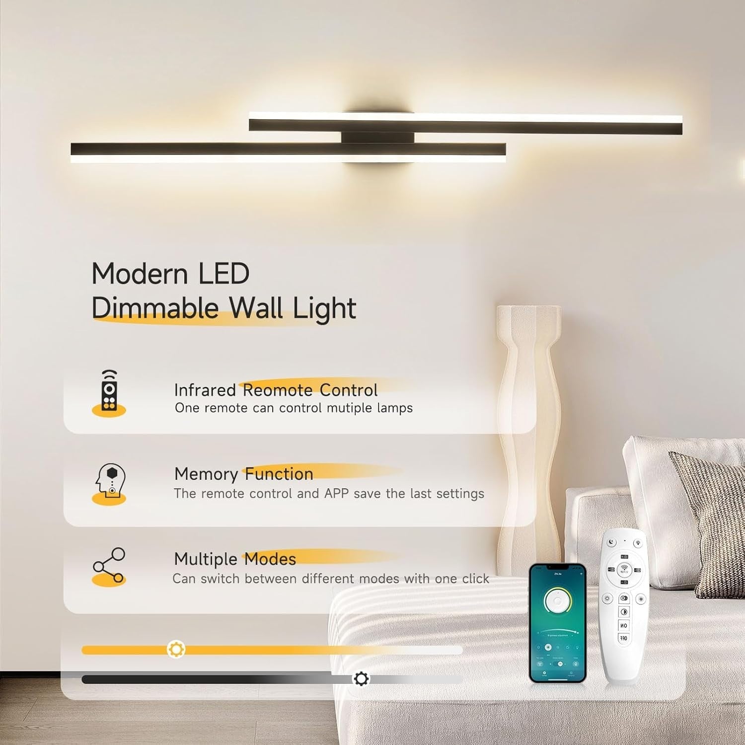 Dimmable LED Wall Light 100cm Modern Remote Control Warm-Cool White Lamp