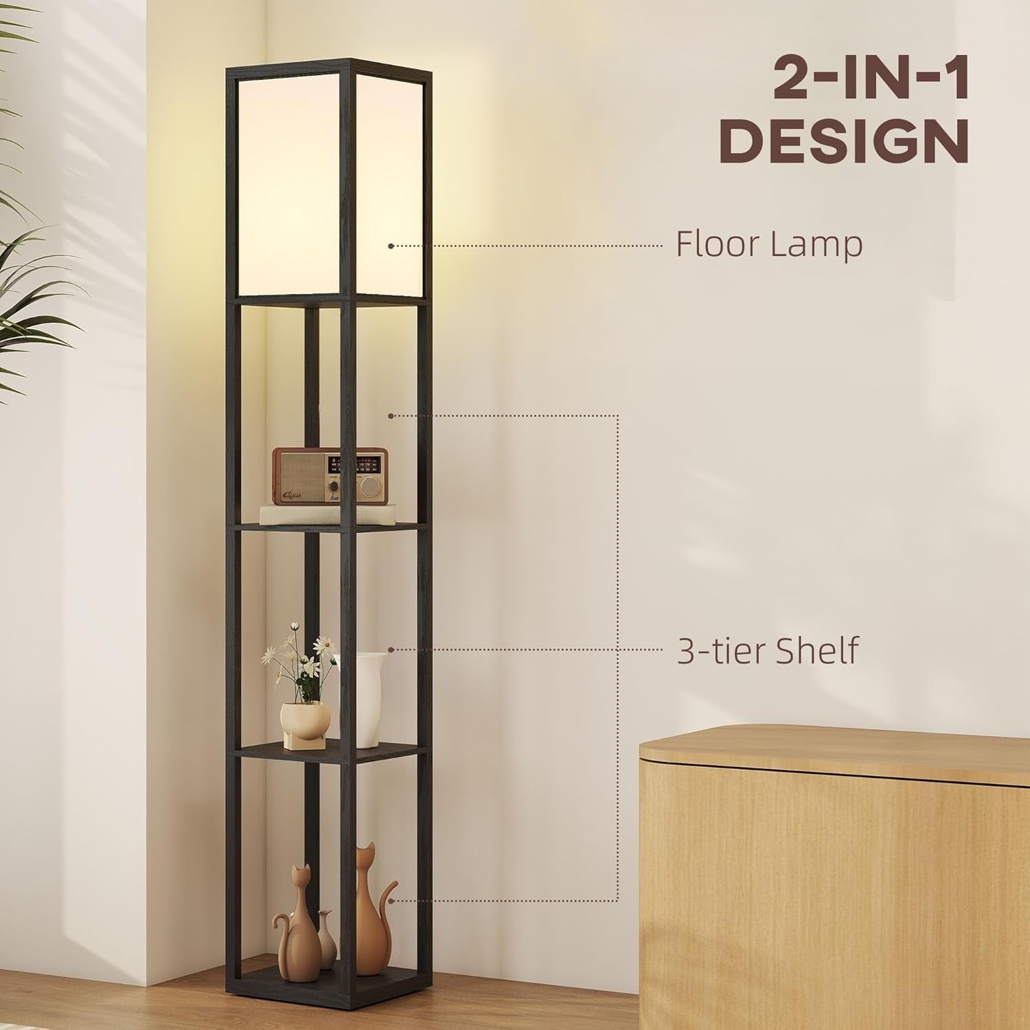Floor Lamp with Shelves Storage Standing Light Black Modern 3 Tier 160cm