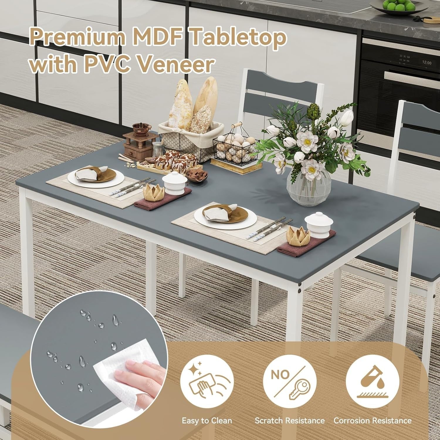 Space-Saving Grey Dining Table Set with 2 Chairs & Bench – Modern Kitchen