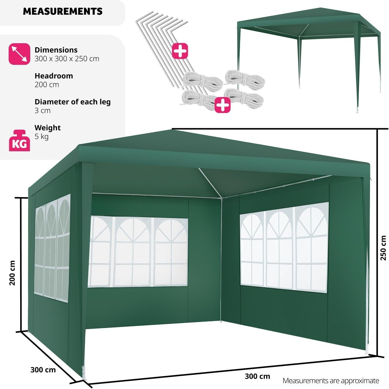 3x3m Green Garden Gazebo Waterproof UV Shelter w/ 3 Side Panels Steel Frame