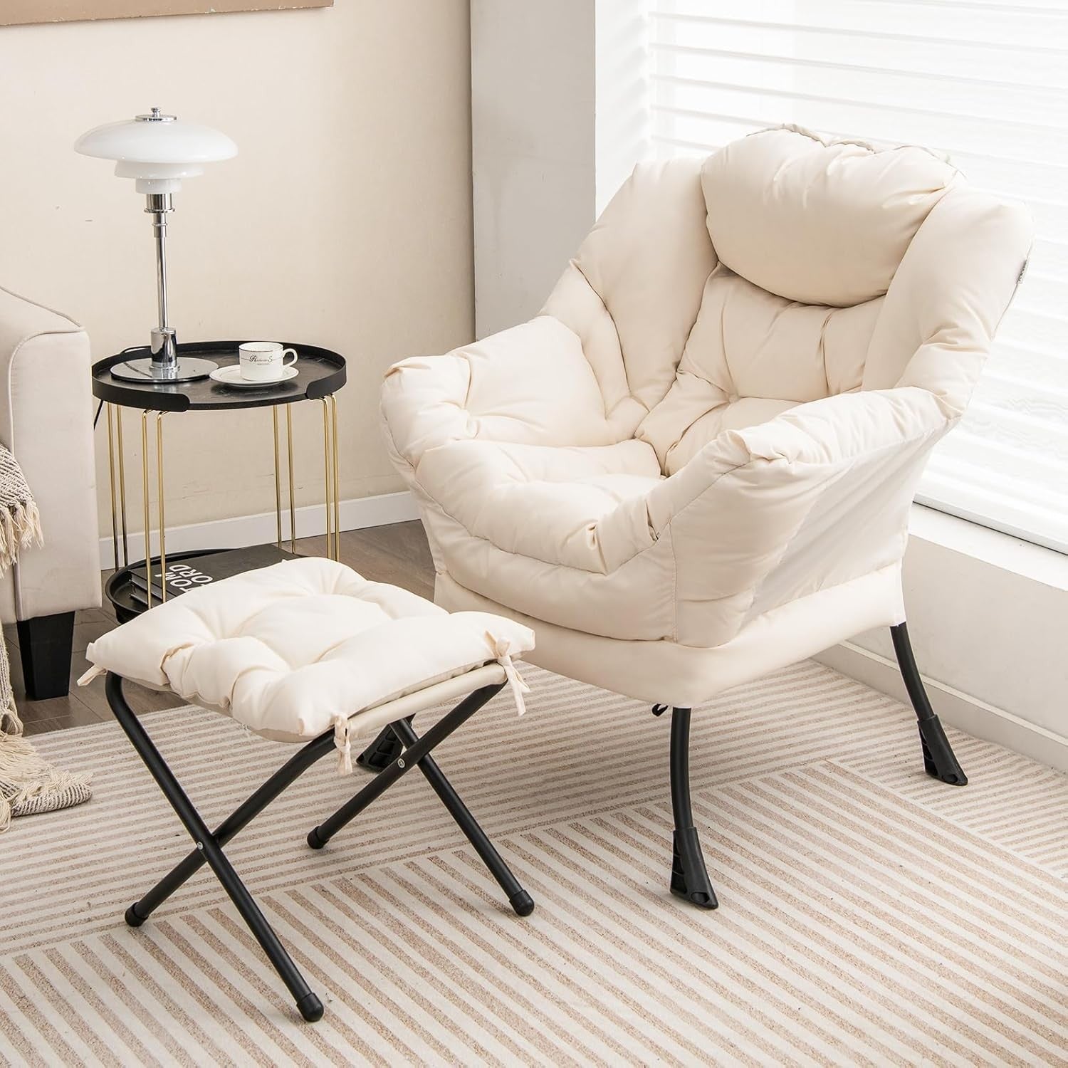 Fabric Lounge Armchair with Footstool Comfy Reading Chair Beige