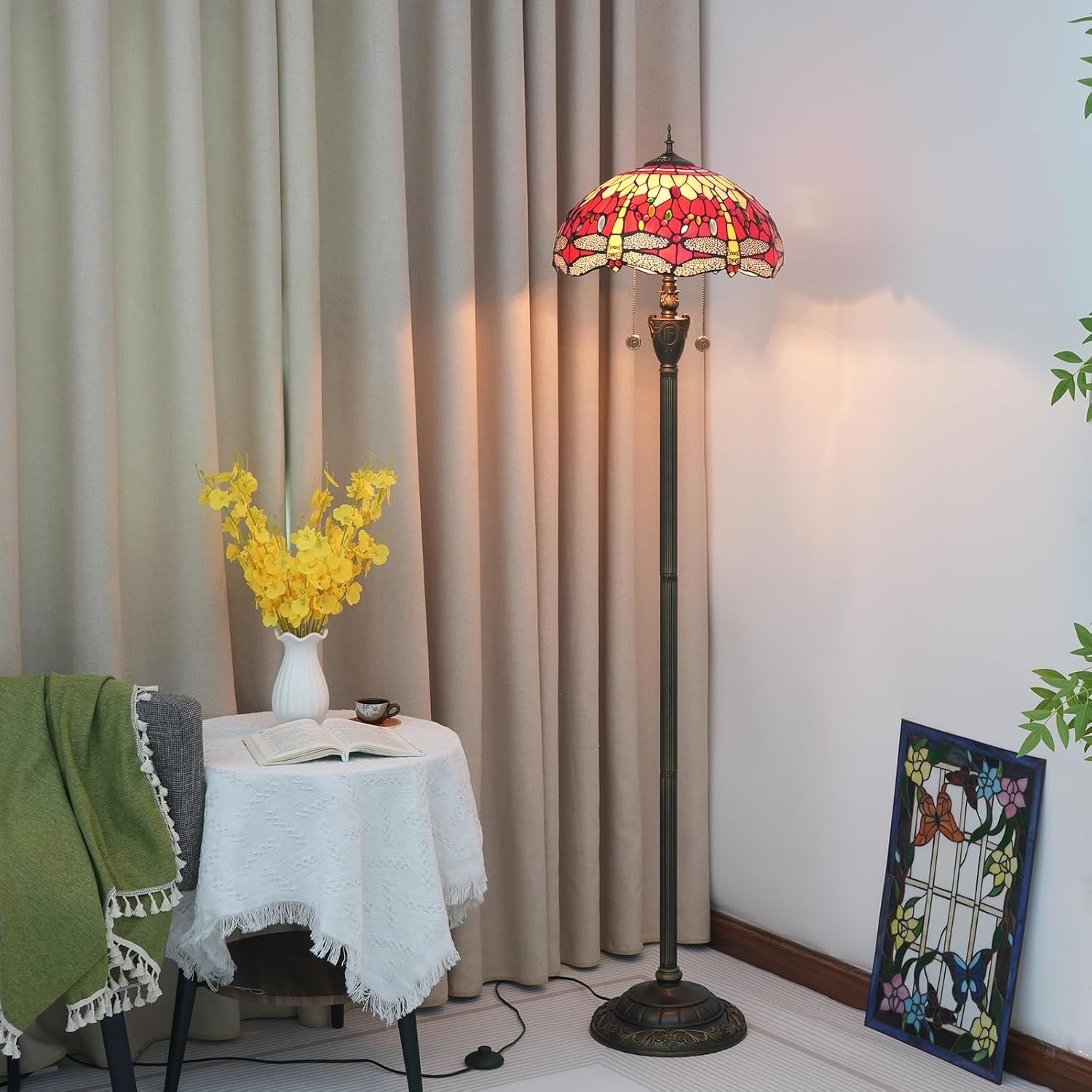 Red Dragonfly Stained Glass Floor Lamp with Vintage Bronze Base & Foot Switch
