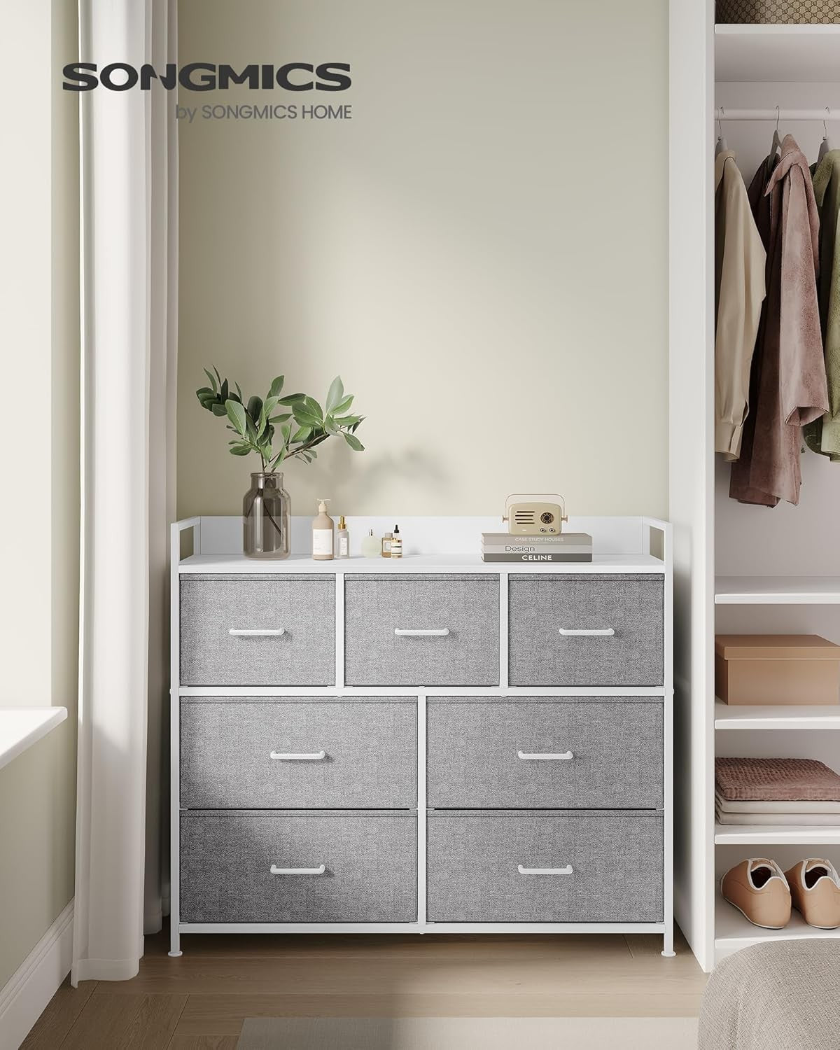 7 Drawer Chest Dove Grey White Fabric Storage Cabinet Bedroom Dresser