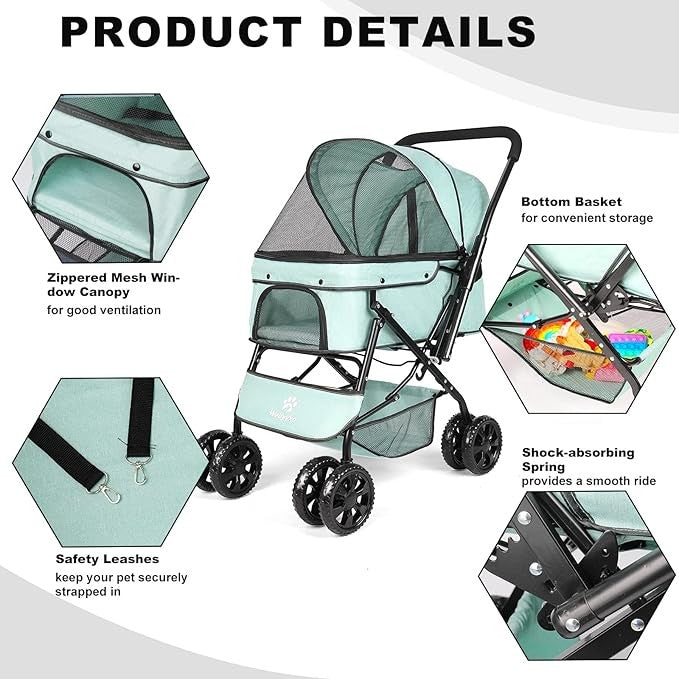 Pet Stroller Foldable Dog Cat Pushchair 360° Wheels Lightweight Travel Pram