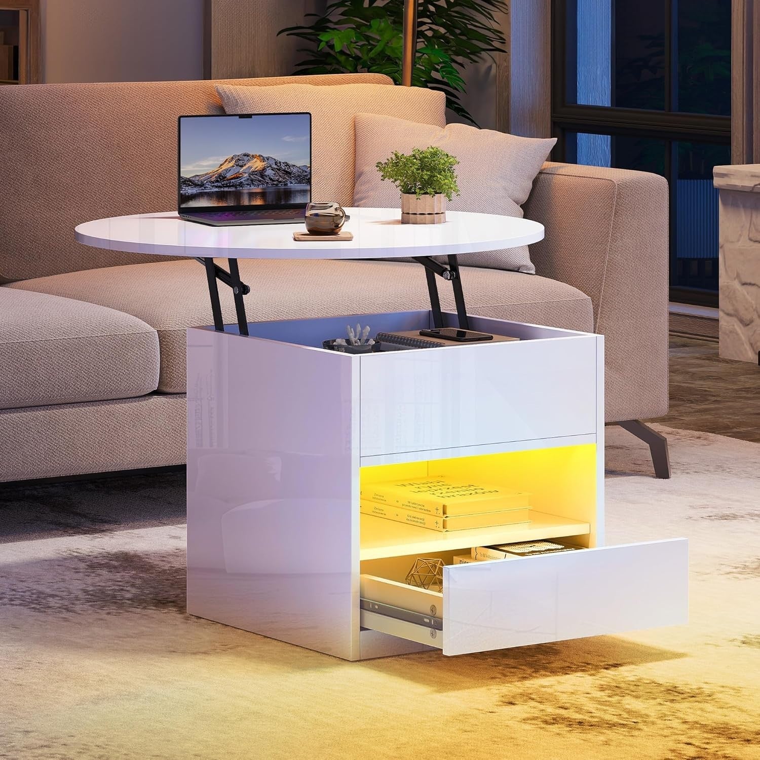 Modern White Round Lift Top Coffee Table with Storage & RGB LED Lights