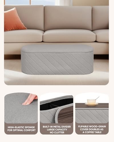 Grey Oval Storage Ottoman Bench 3-in-1 Footrest Seat with Lid 110x38x38cm