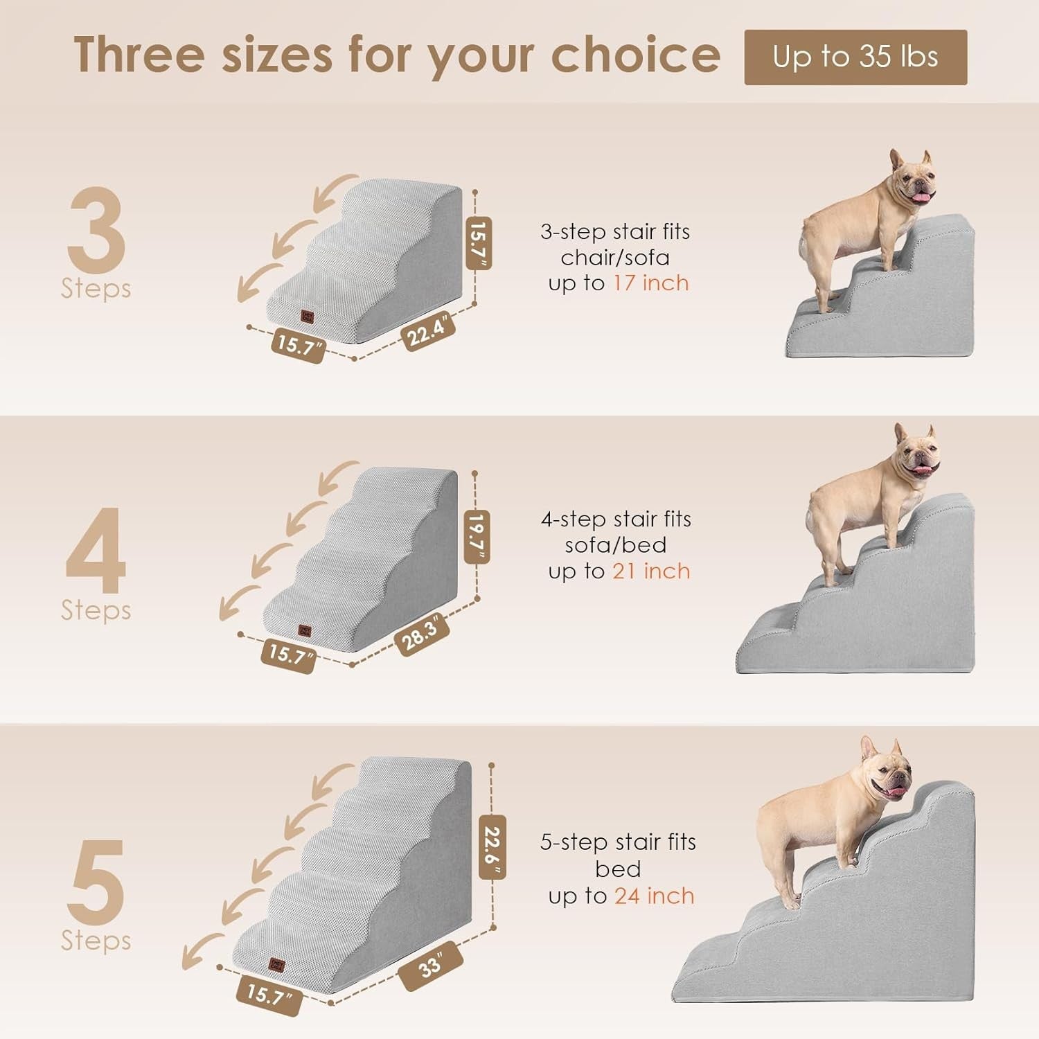 3 Step Dog Stairs for Bed Non Slip Foam Pet Steps Washable Light Grey