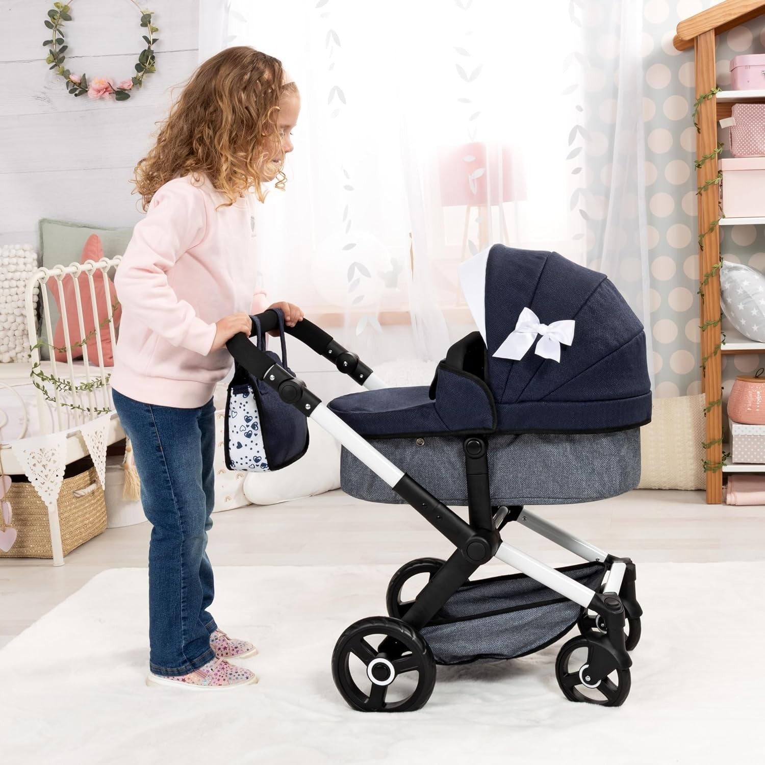 Dolls Pram Pushchair Carrycot Set Adjustable Handle Tall Toy Buggy 6+
