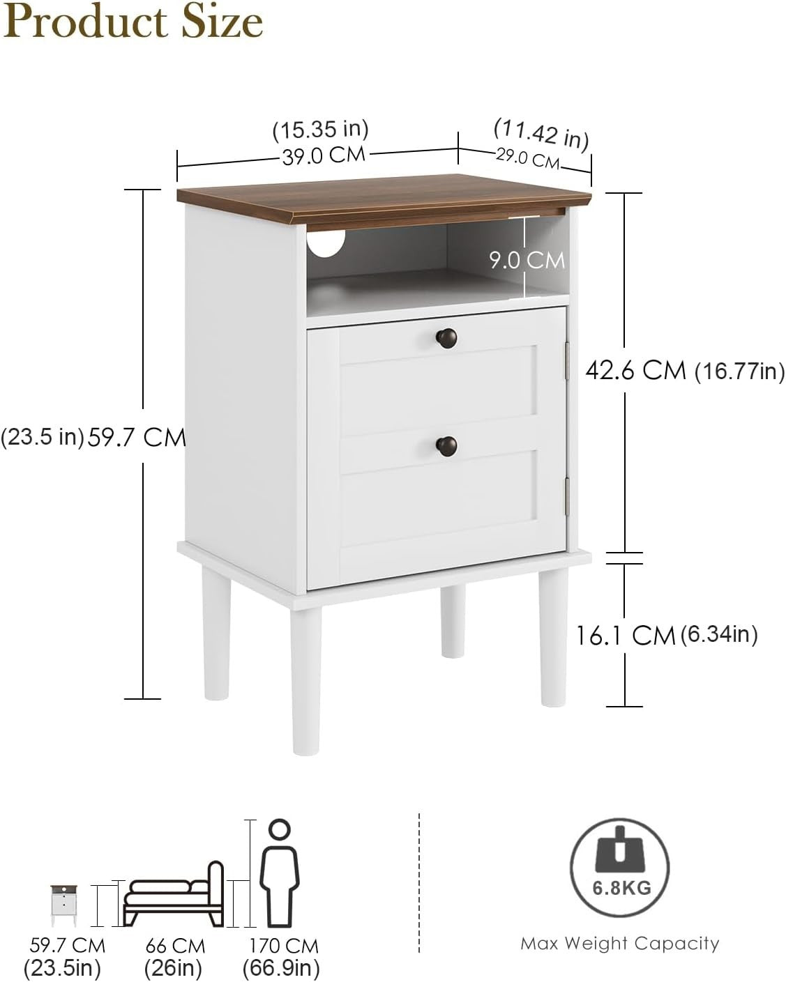 Wooden Bedside Table with Door & Shelf – White Farmhouse Nightstand 39x29x60cm