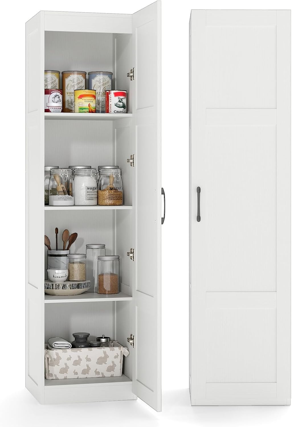 Tall White Kitchen Cupboard 4 Tier Wooden Pantry Storage Cabinet Unit