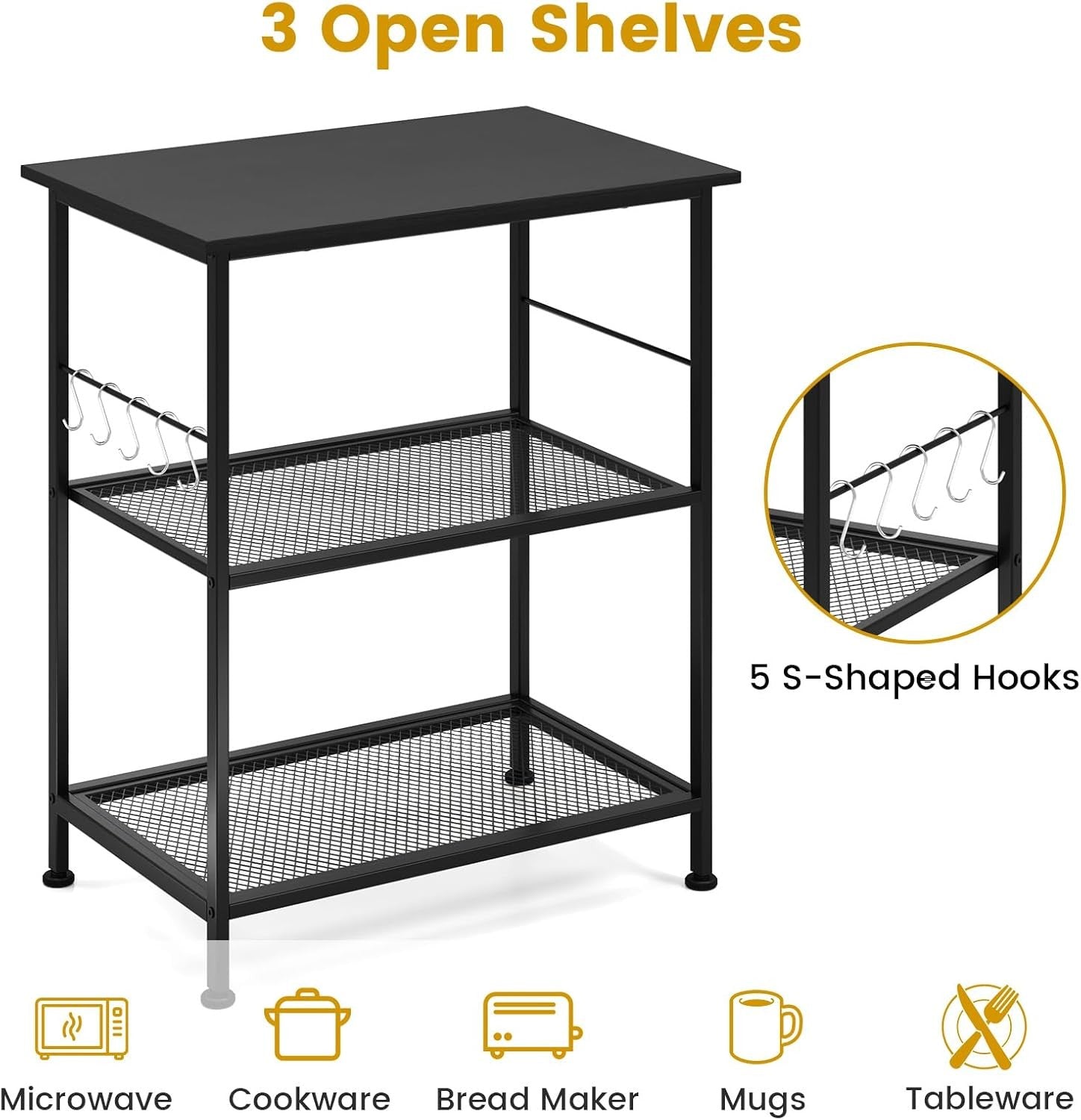 Kitchen Bakers Rack Rolling Microwave Stand 3 Tier Shelves Wheels