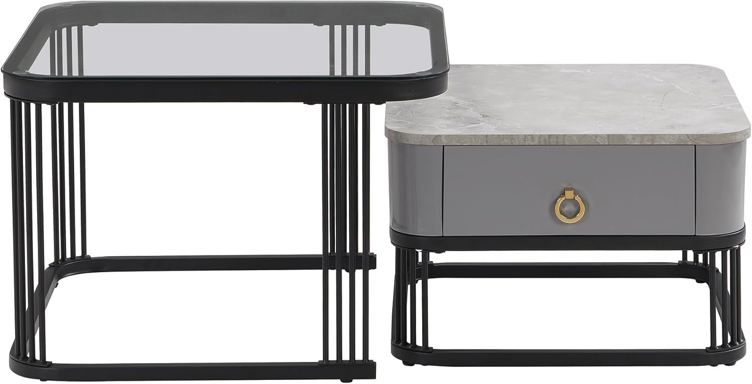 2x Nesting Coffee Tables Set Storage Drawer Marble Look & Glass Top Metal Frame