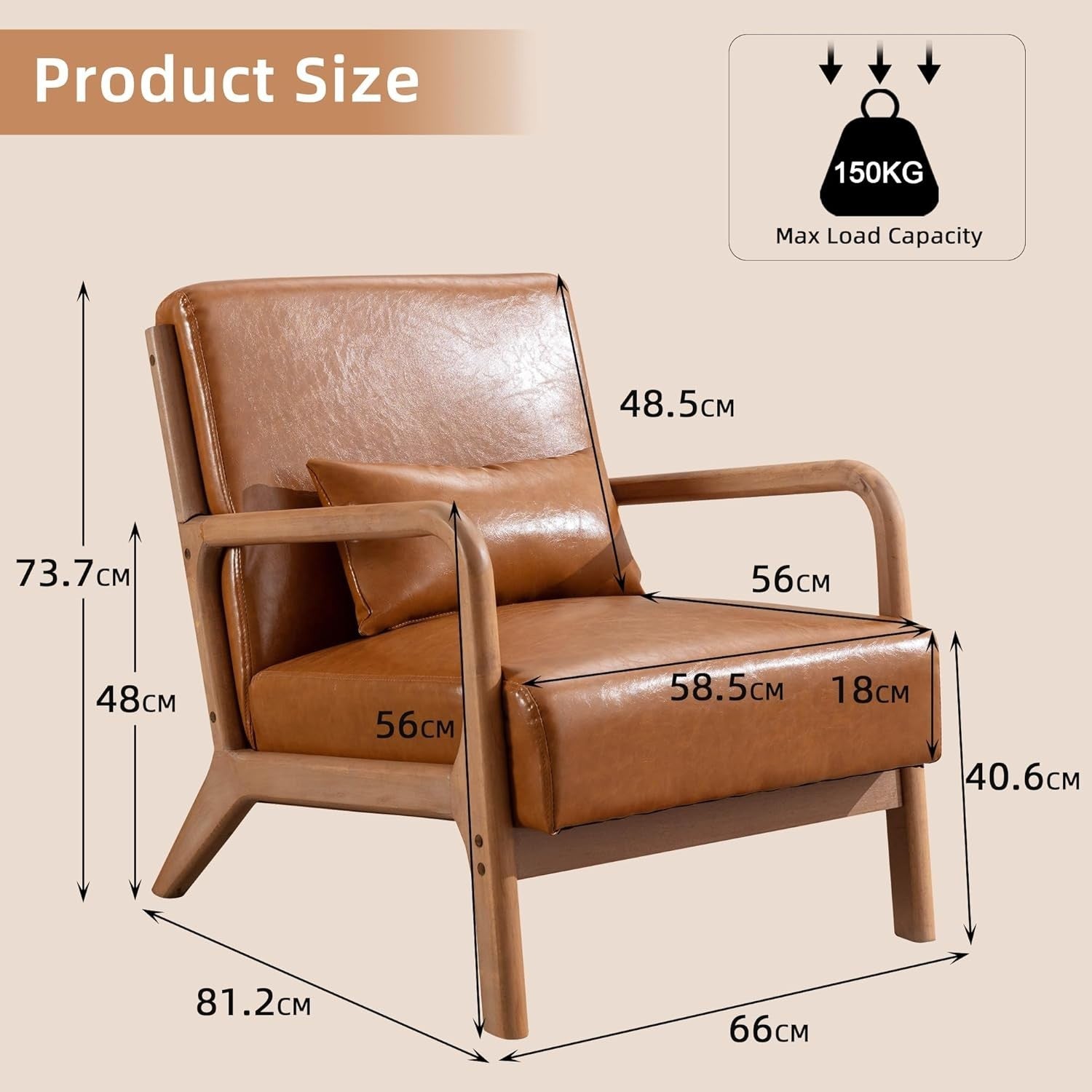 2x Brown Faux Leather Armchairs – Solid Wood High Back Lounge Chairs