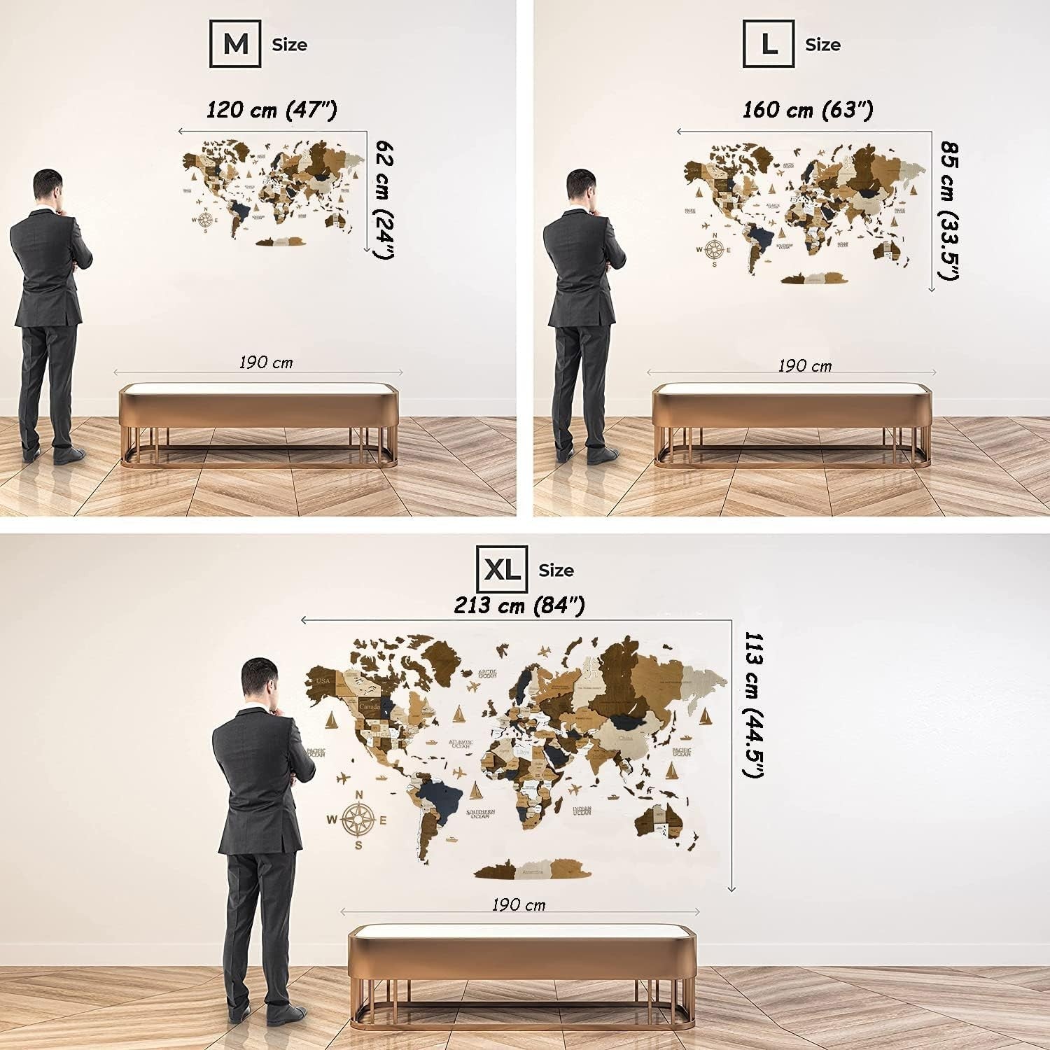 XL 3D Wooden World Map Wall Art Coffee Travel Decor 213x113cm