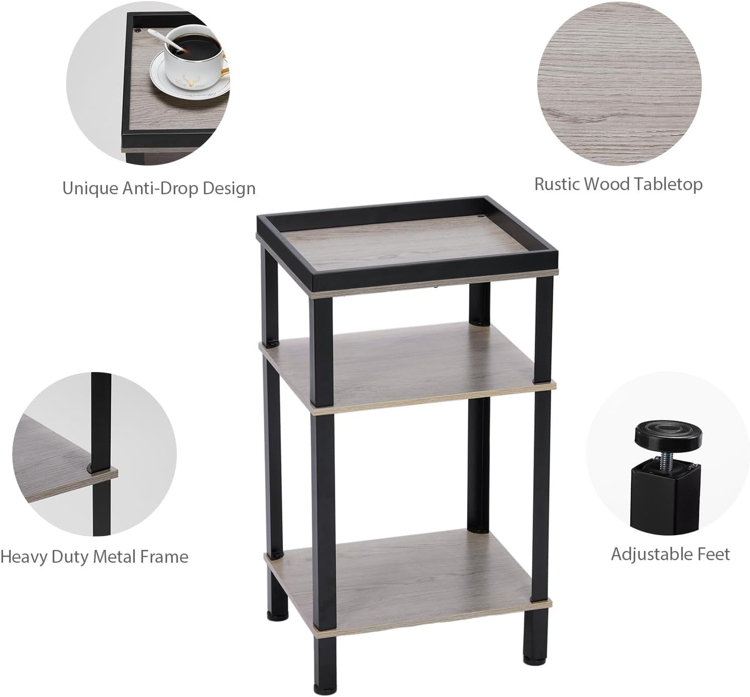 Slim 3 Tier Side Table Oak Small Narrow End Bedside Nightstand Storage