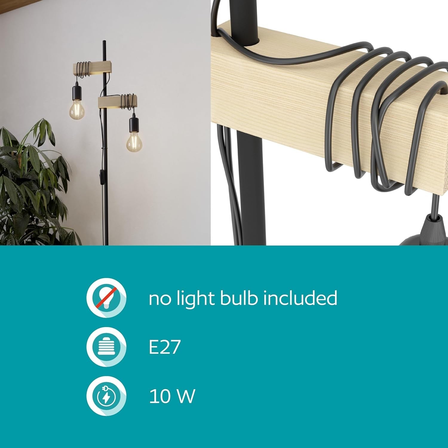 2 Light Vintage Floor Lamp Wood & Metal Standing Lamp E27 Retro Style