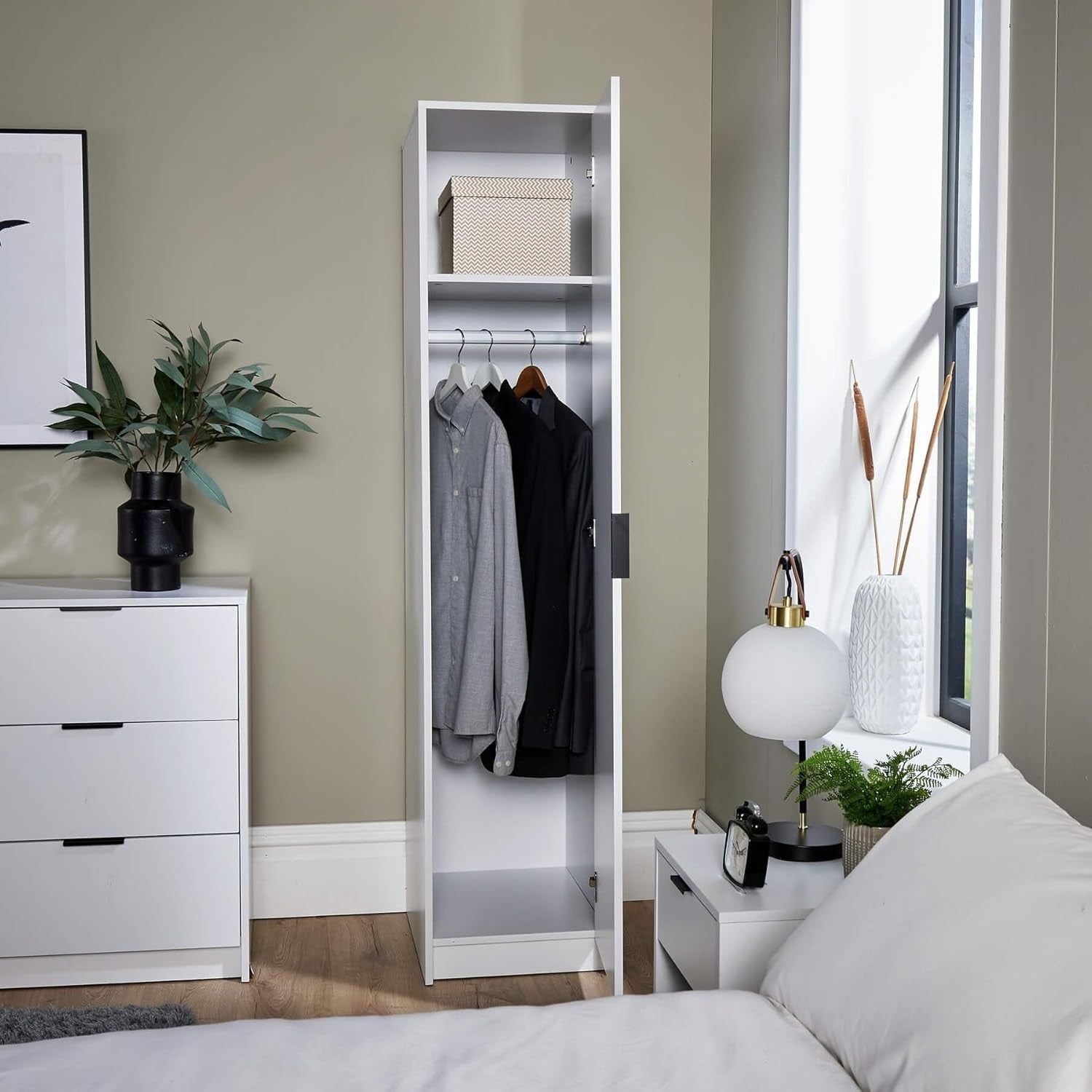 White Slim 1-Door Wardrobe with Rail & Shelf – Modern Compact Storage Unit
