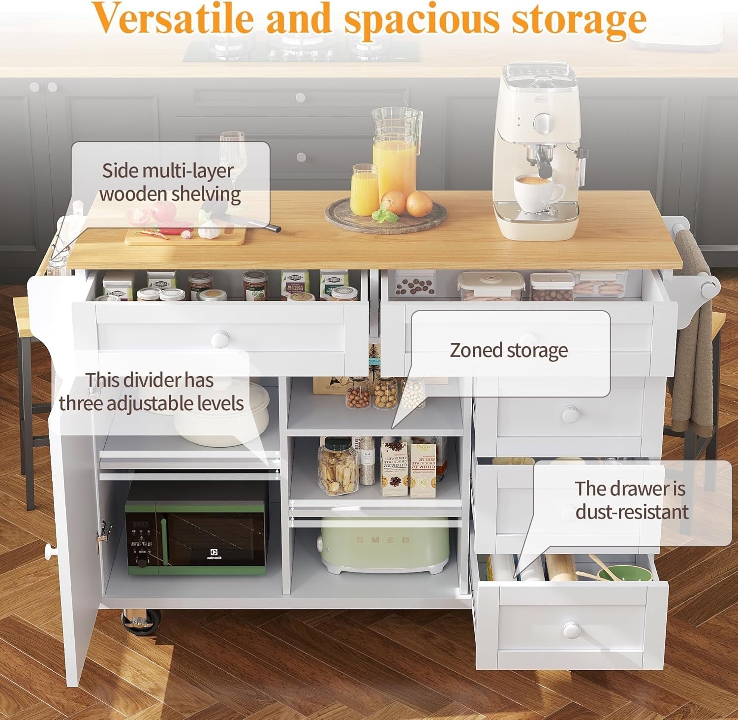 Multi-Level Kitchen Trolley with Drawers & Shelves, Mobile Food Cart 134x46x92cm