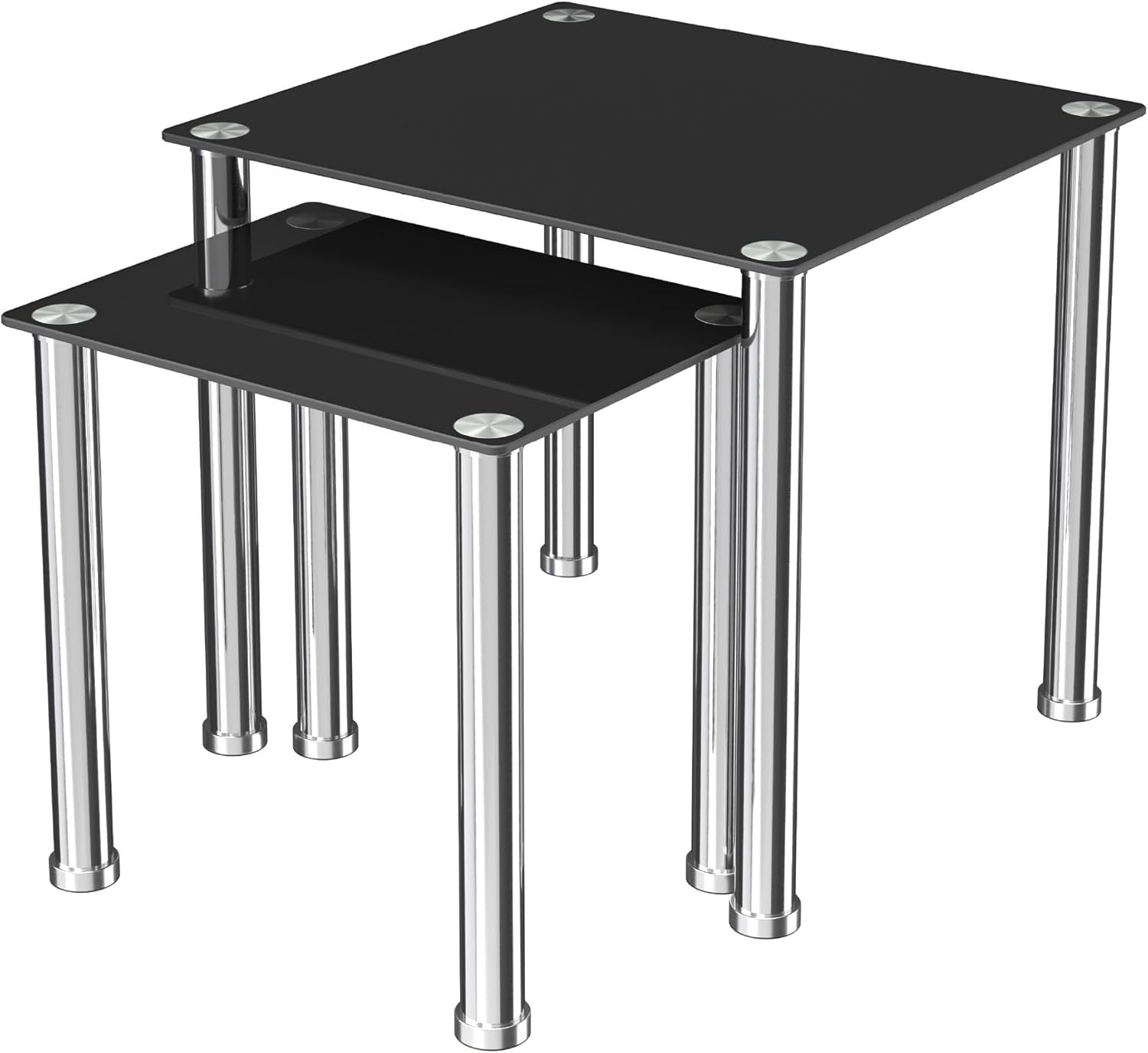 Black Square Nesting Side End Tables Set of 2 Glass Metal Chrome Frame