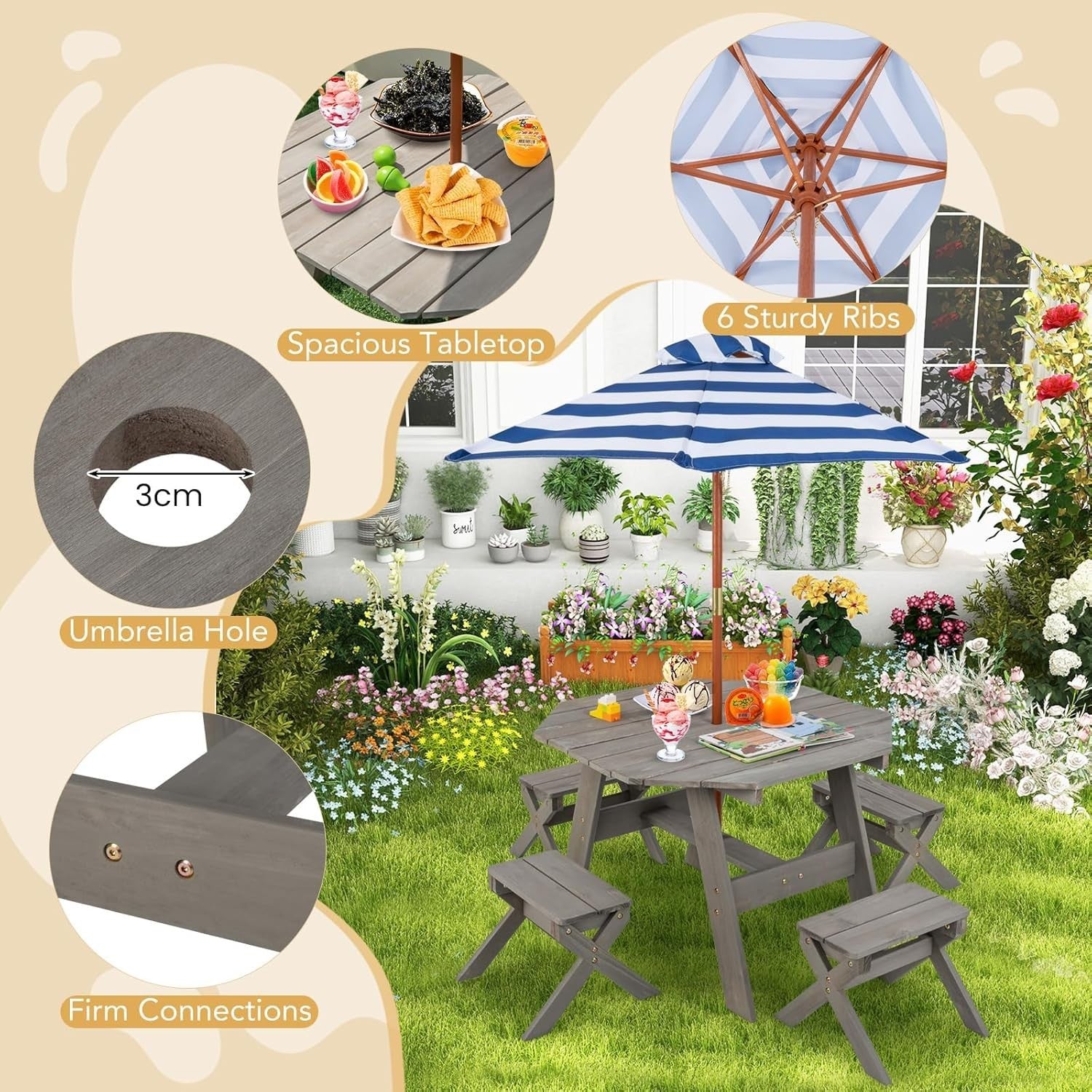 Kids Wooden Picnic Table Set w/ 4 Stools & Adjustable Umbrella Outdoor Indoor