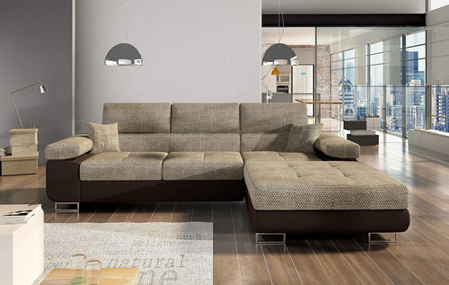 3-Seater L-Shape Corner Sofa Bed – Microfiber, Modern Beige & Brown Design