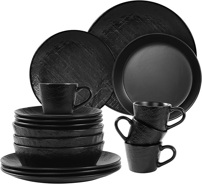 16pc Stoneware Dinner Set for 4 Charcoal Black Plates Bowls Mugs Dishwasher Safe