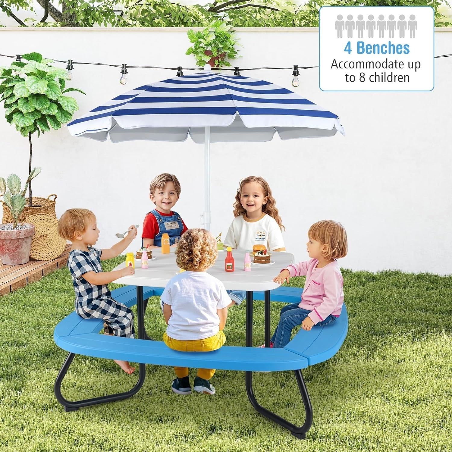 Kids Outdoor Picnic Table & Chairs Set with Adjustable Umbrella, Seats 8