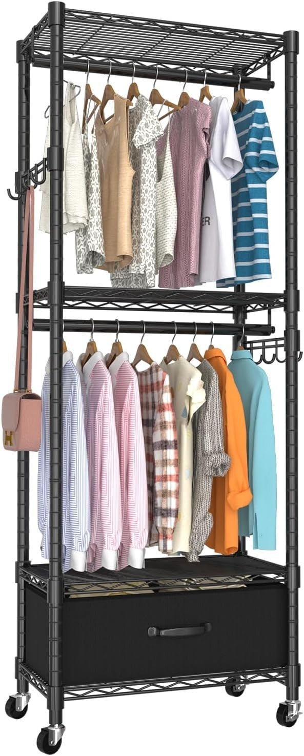 4-Tier Adjustable Clothes Rail with Drawer & Hooks – Black 200cm