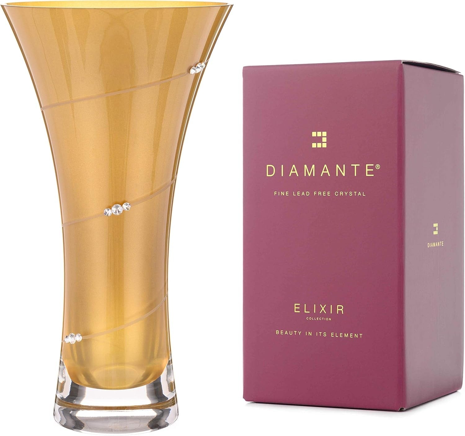 Gold Trumpet Glass Vase 25cm Luxury Flared Flower Vase with Crystal Detail