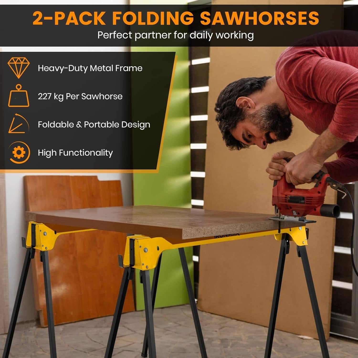 Folding Sawhorse Twin Pack Heavy Duty 454kg 2x4 Support Arms Yellow 92x48