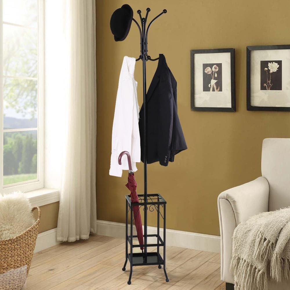 Metal Coat Rack Stand with Umbrella Holder | 8 Hooks Free Standing Tree
