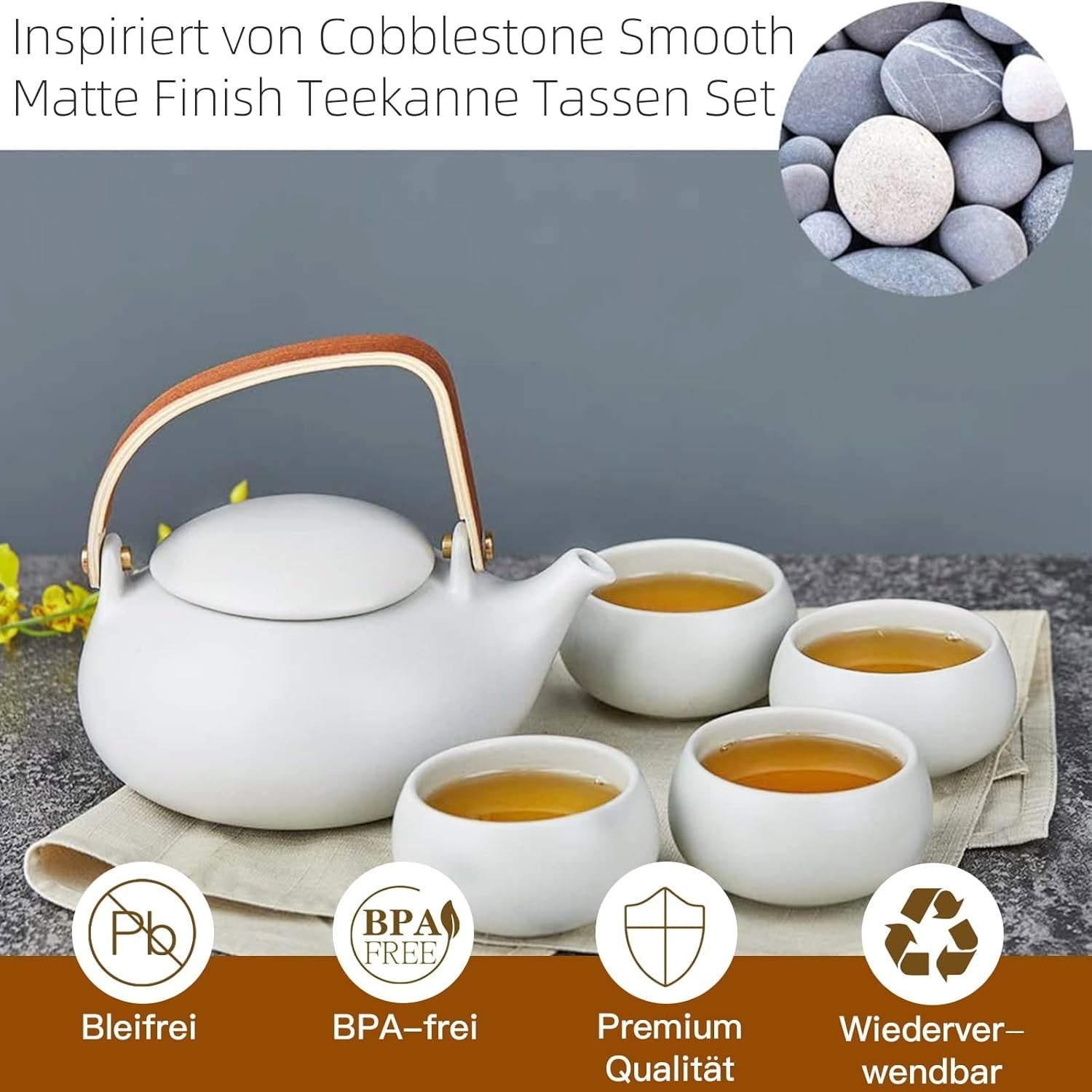 Japanese Tea Set 800ml Ceramic Teapot 4 Cups Infuser Wood Handle Grey