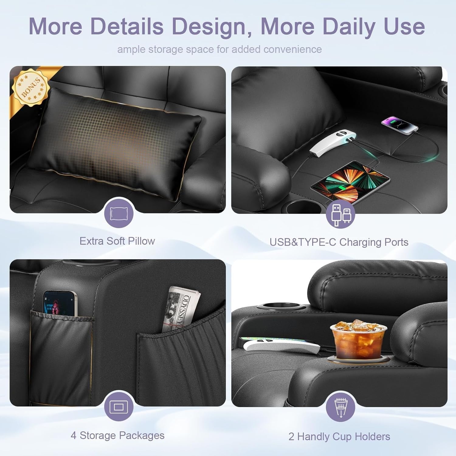 Electric Recliner Chair Massage Heat USB Type-C Cup Holders Black Armchair