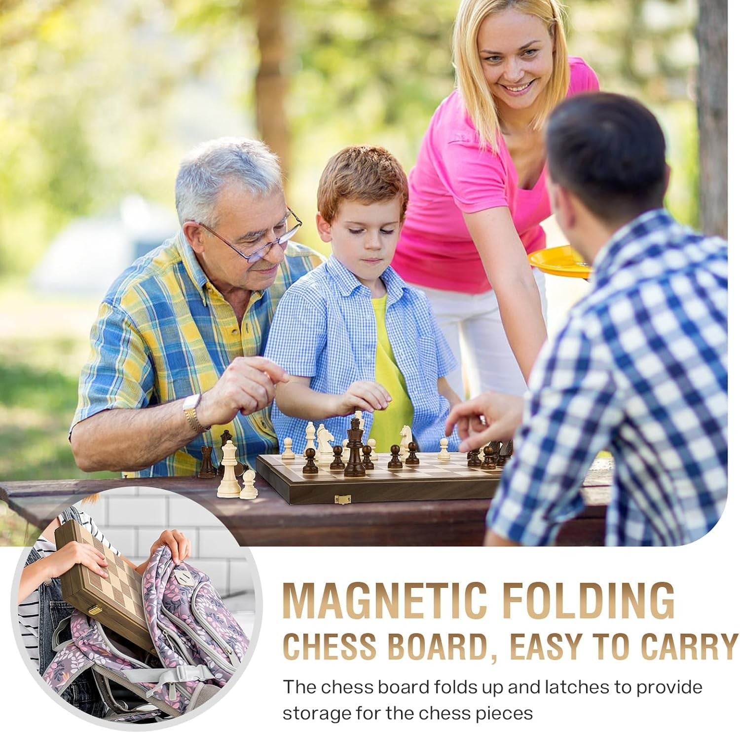 15" Magnetic 2-in-1 Wooden Chess & Draughts Board Set w/ Extra Queens