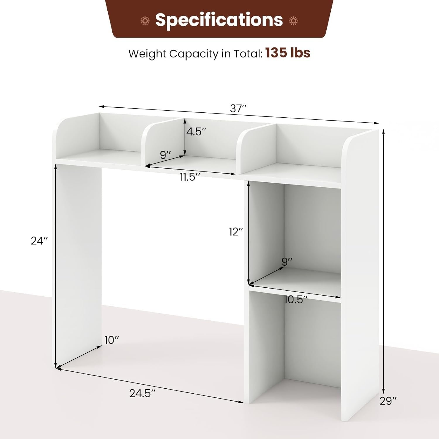 3-Tier Desktop Hutch Bookshelf Space-Saving Desk Organizer Shelf White