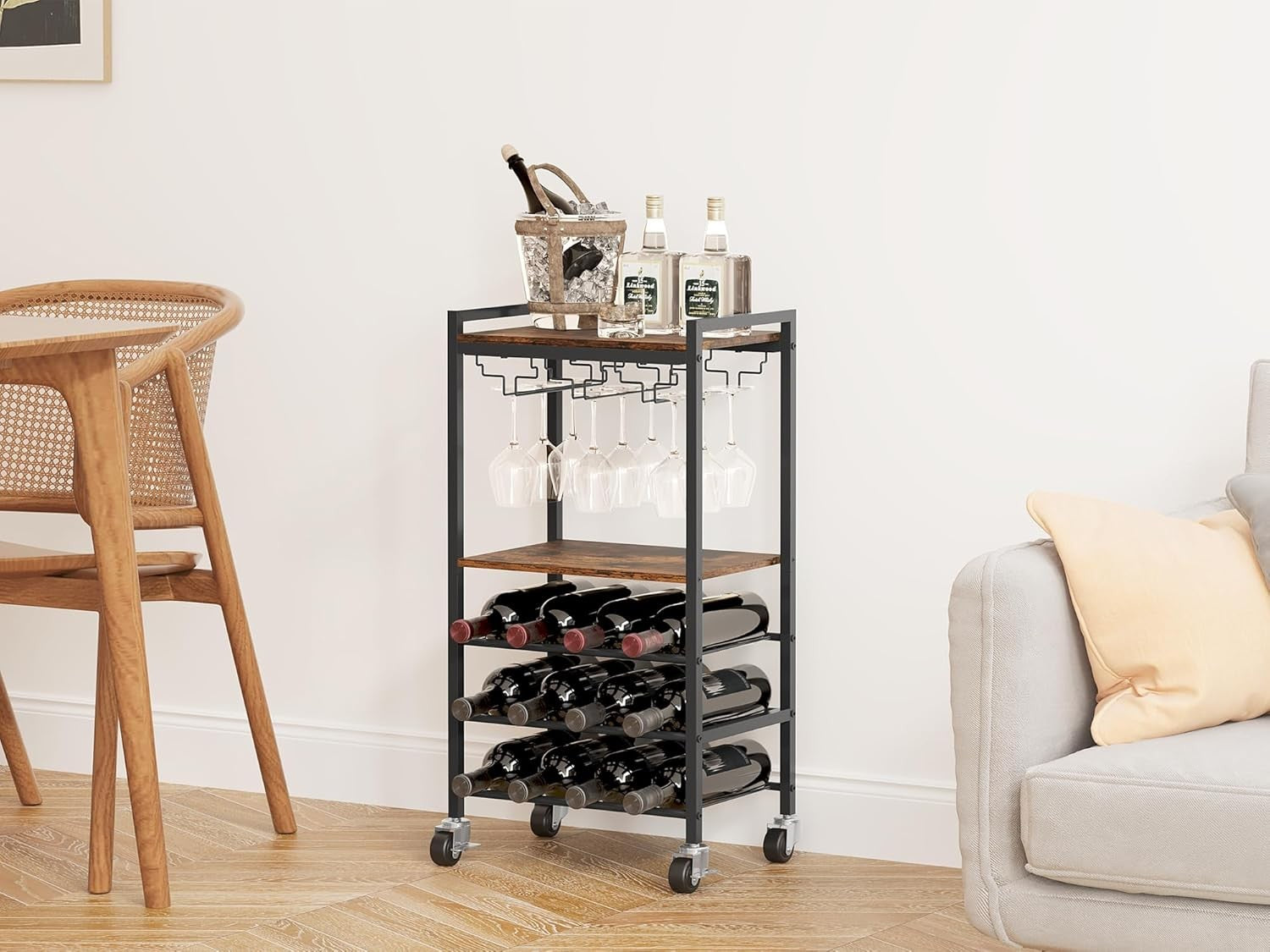 Wine Rack Trolley on Wheels 12 Bottle Bar Cart Glass Holder Drinks Storage