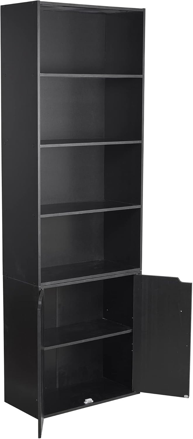 Black 6 Tier Bookcase with Cupboard Modern Storage Shelf 29D x 59W x 180H