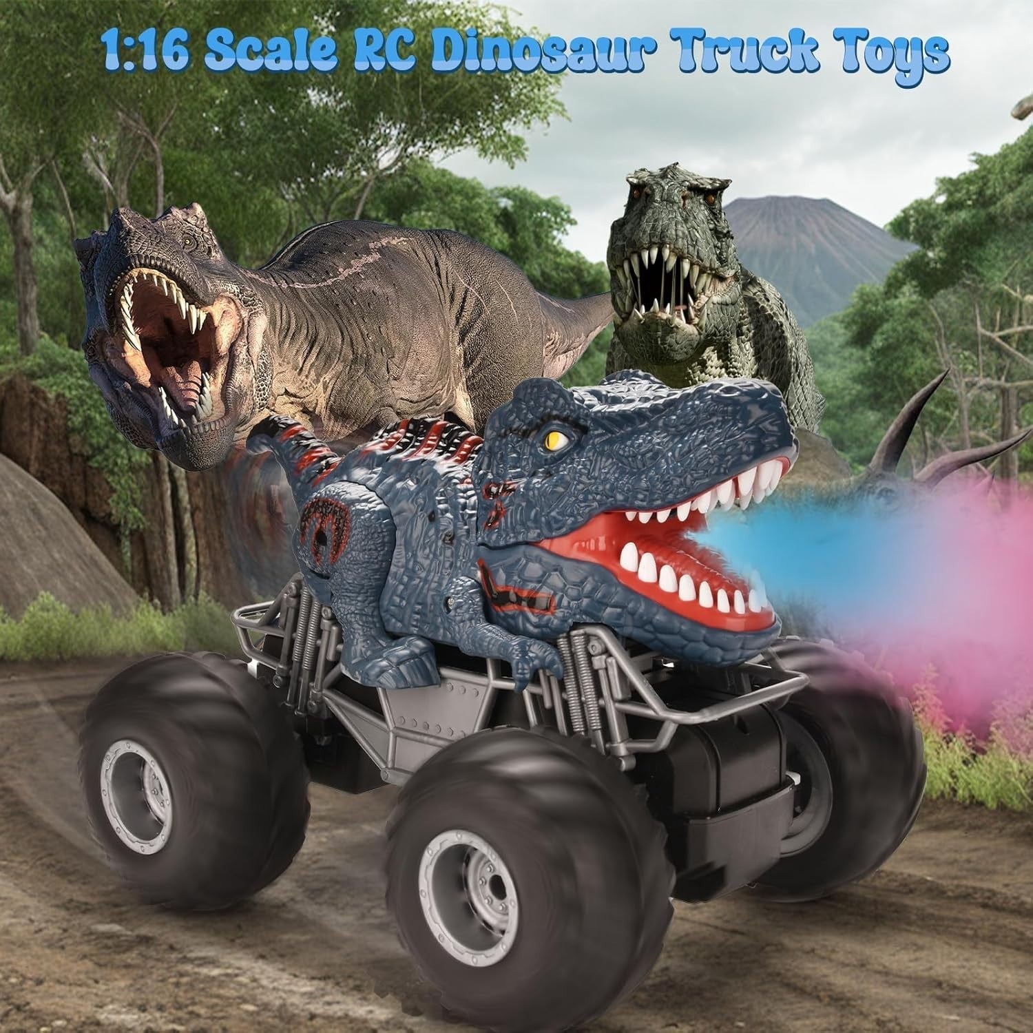 1:16 RC Dinosaur Monster Truck with LED Lights, Music & Spray Mist Toy