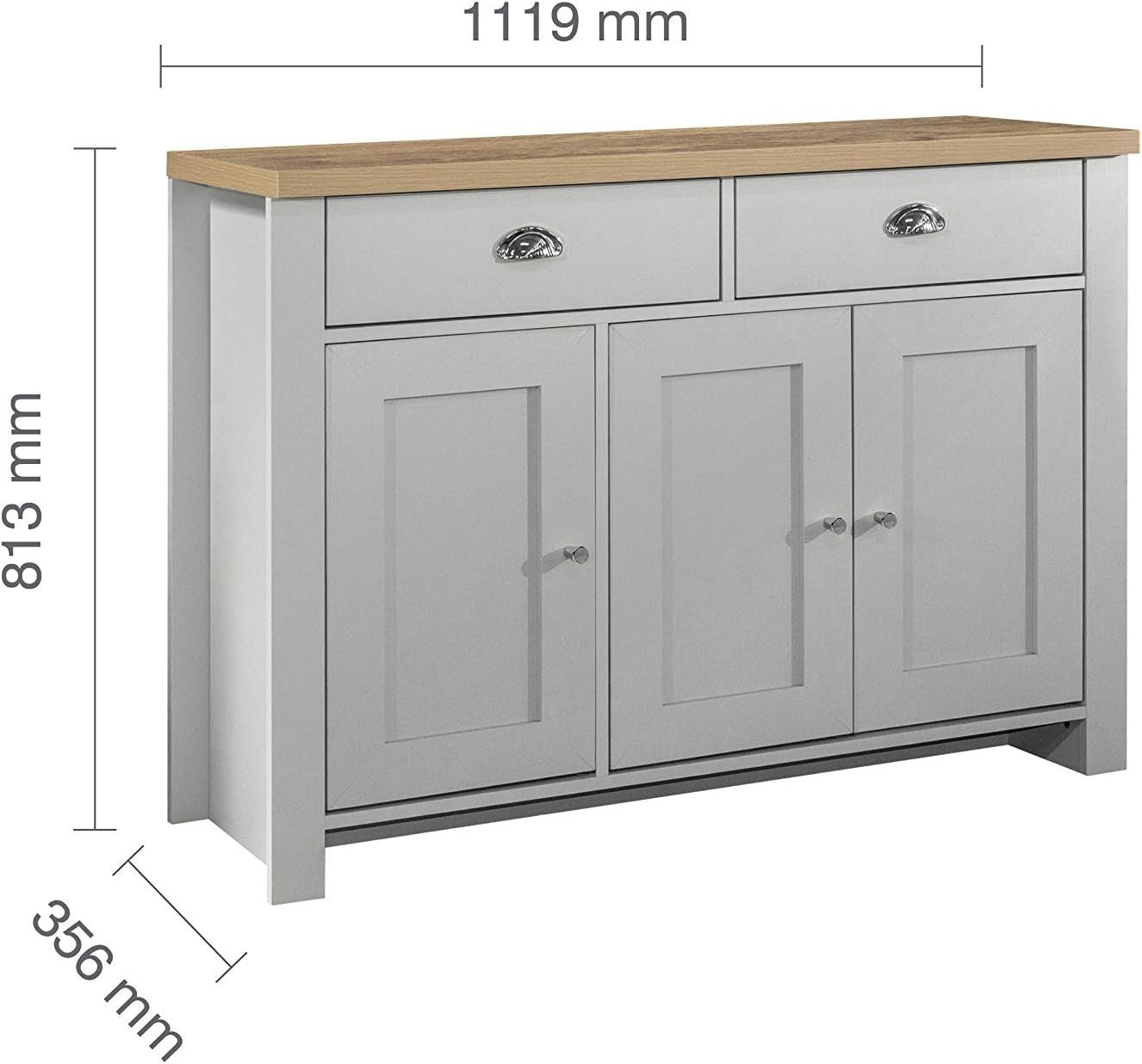 Grey 3 Door Sideboard with 2 Drawers & Oak Top | Storage & Farmhouse Style