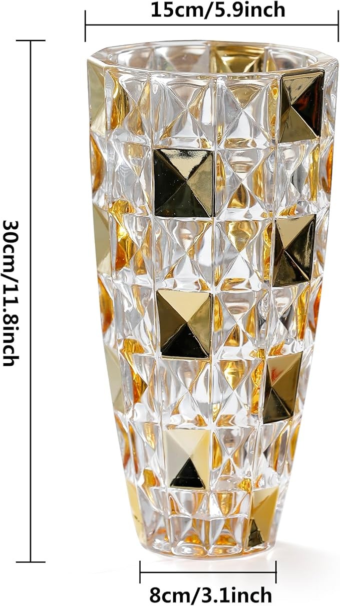 Gold Diamond Glass Vase Luxury Tall Crystal Style Flower Vase Home Decor