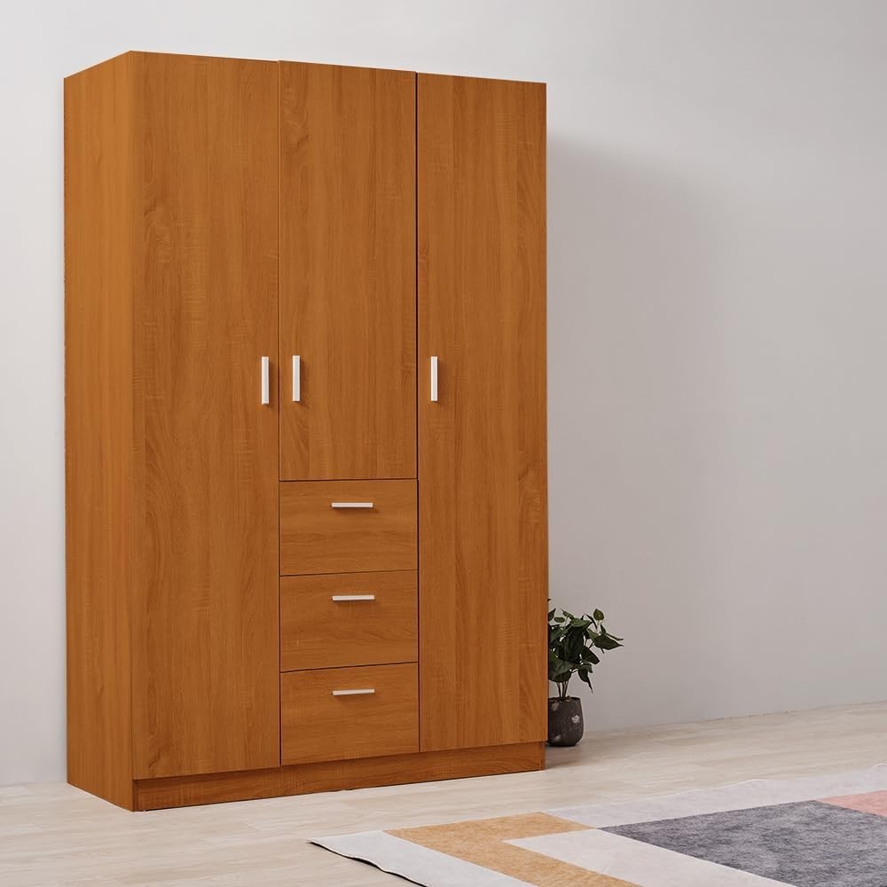 Large Oak Effect 3-Door Wardrobe with 3 Drawers & Hanging Rail Storage