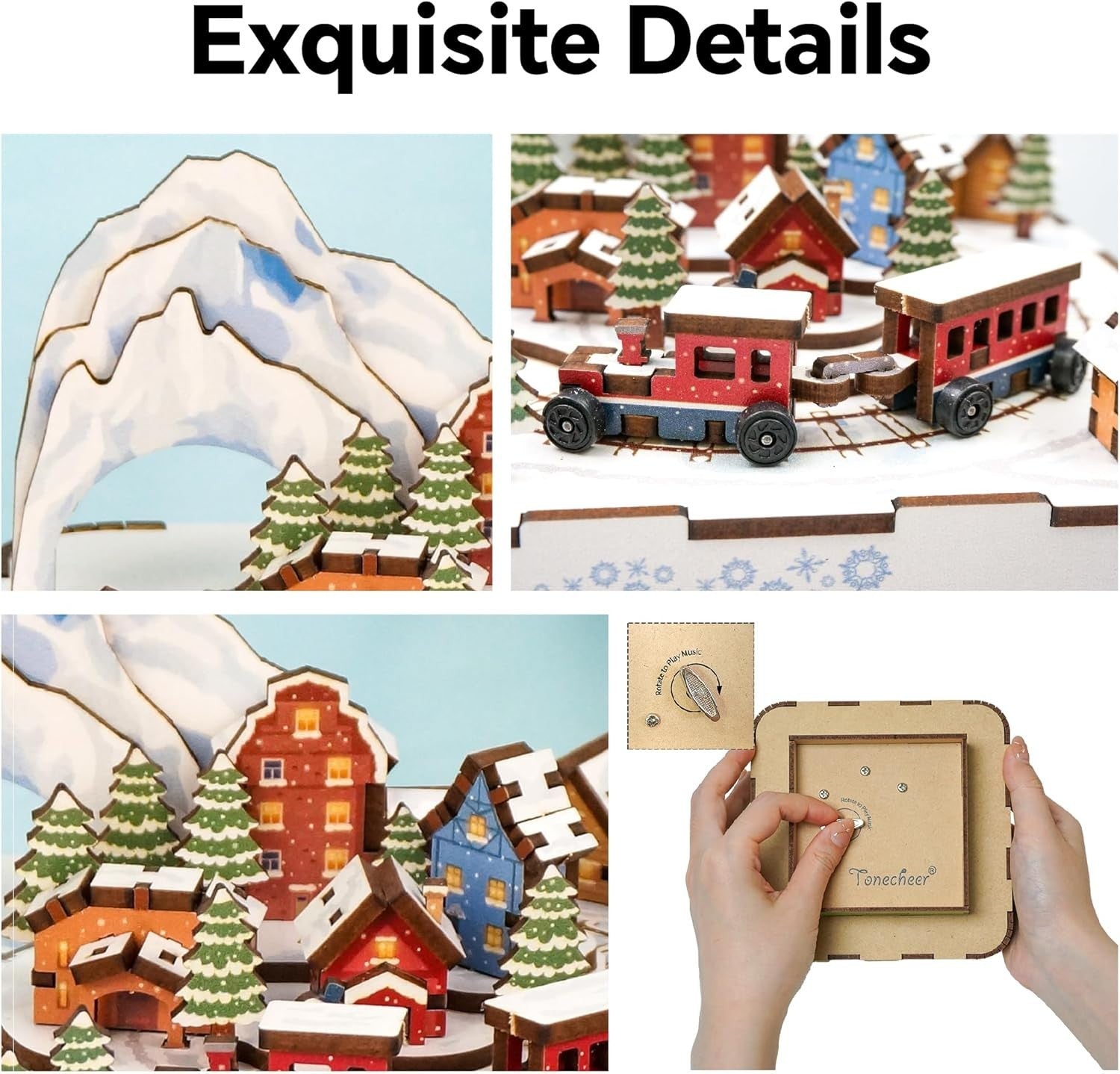 3D Wooden Snow Train Puzzle Music Box DIY Kit Gift Rotating Light-Up Decor