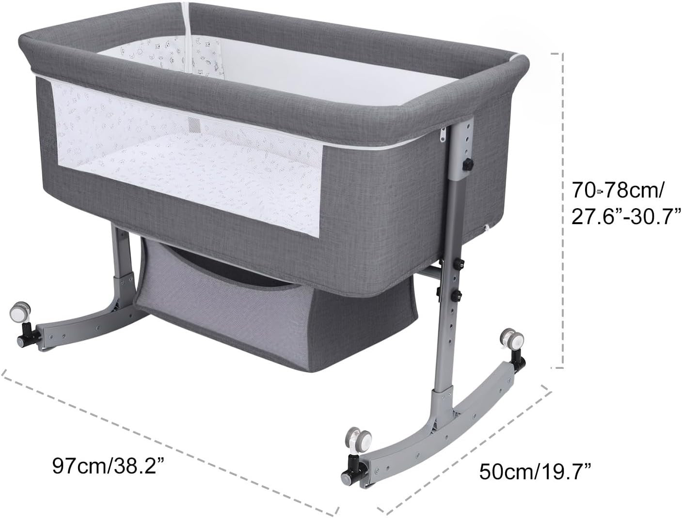 Rocking Bedside Crib with Mosquito Net Wheels Adjustable Height & Storage 1 Set