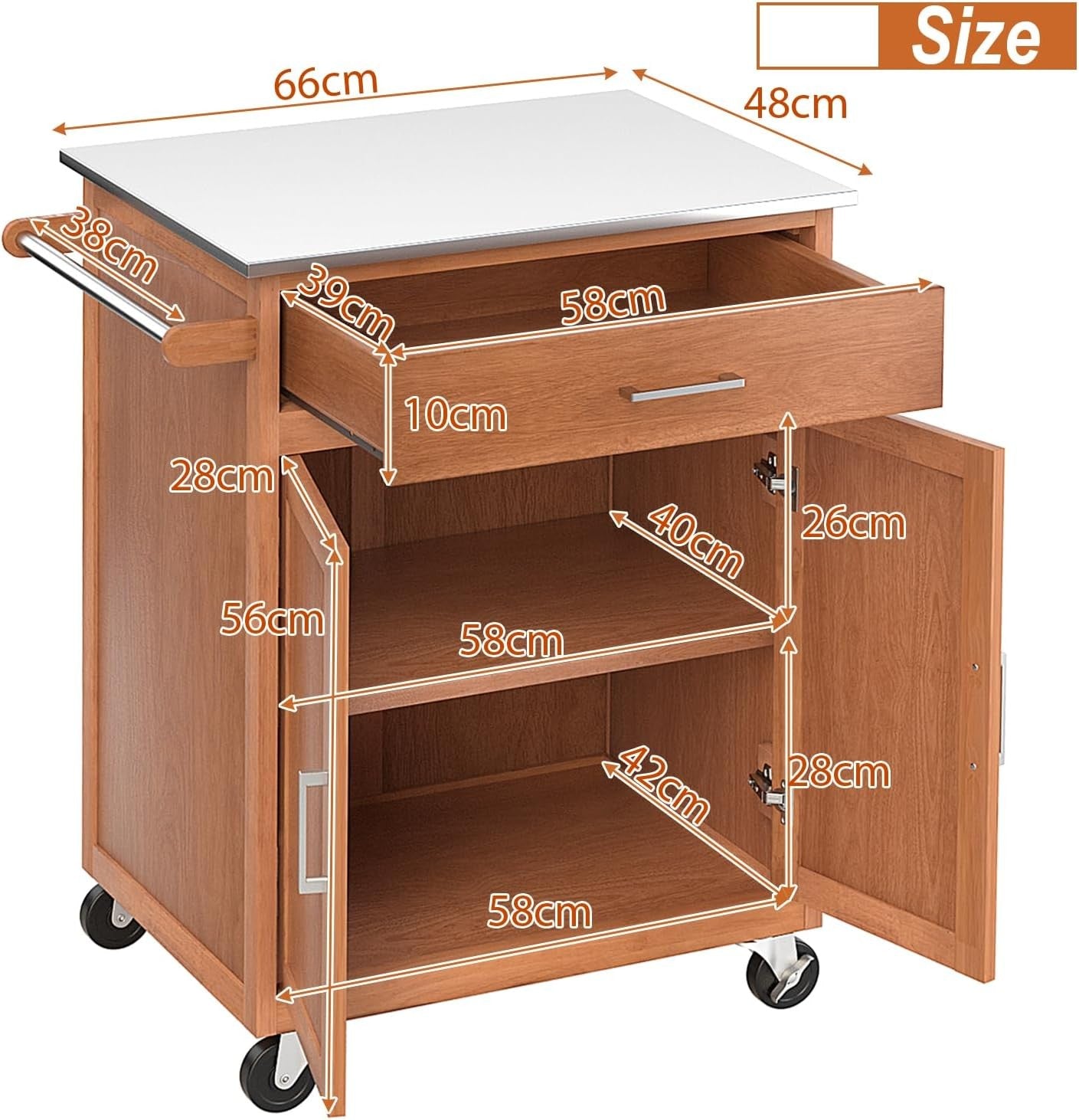 Kitchen Island Trolley Stainless Steel Top Drawer Cabinet Storage Cart Wheels