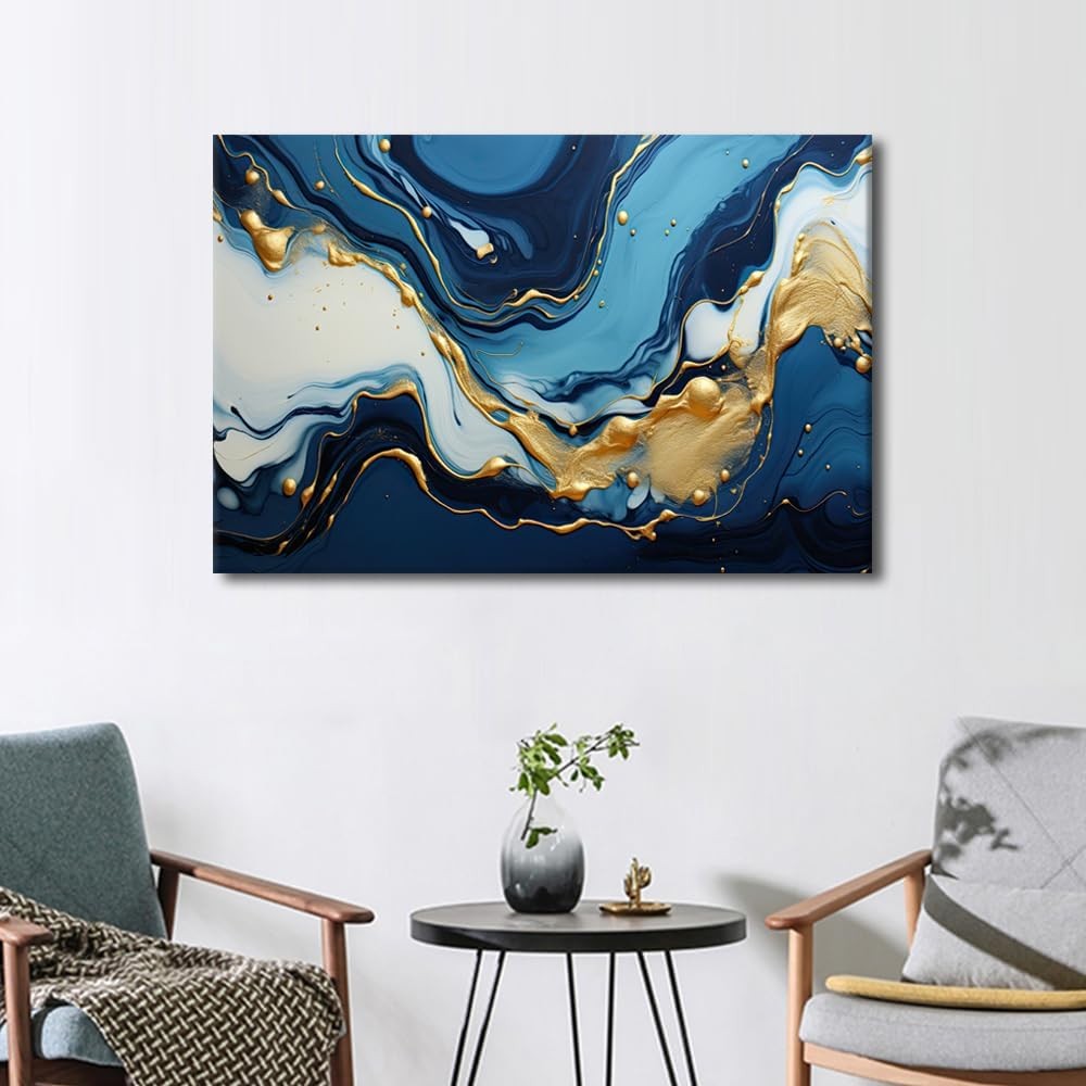 Blue Gold Marble Canvas Wall Art 90x60cm Framed