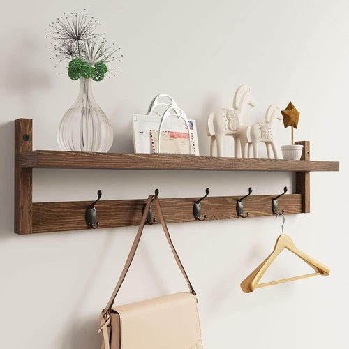 Brown Wall Mounted Coat Rack with Shelf | 5 Hooks Rustic Wooden Organizer