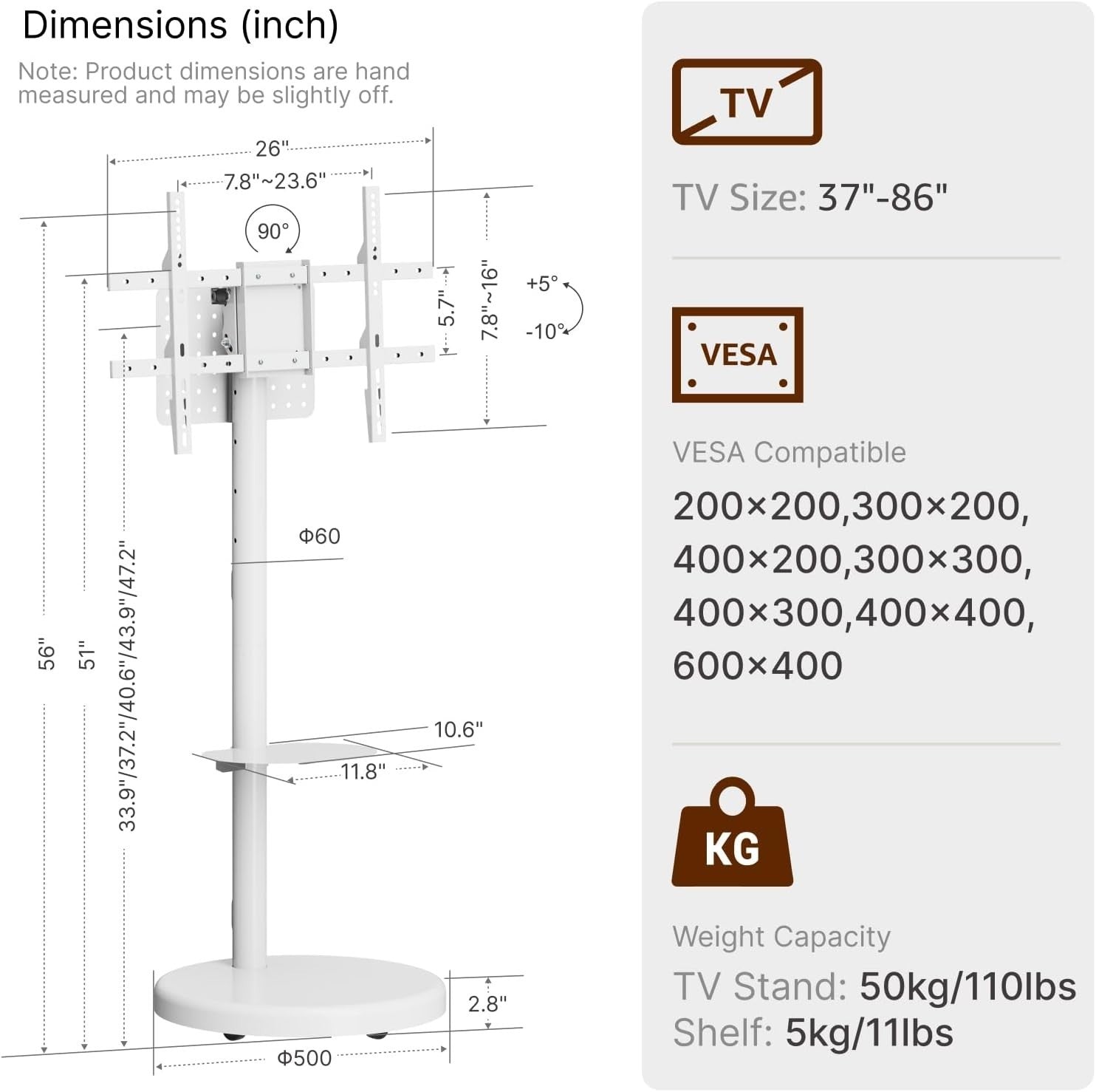 Adjustable Rolling TV Stand 37-86" Heavy Duty Floor Mount with Storage Shelf